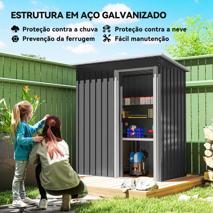 Abrigo de Jardim Exterior 1,5 m² 163x89x182 cm Abrigo Metálico para Ferramentas com Porta de Correr e Teto Inclinado para Pátio Preto