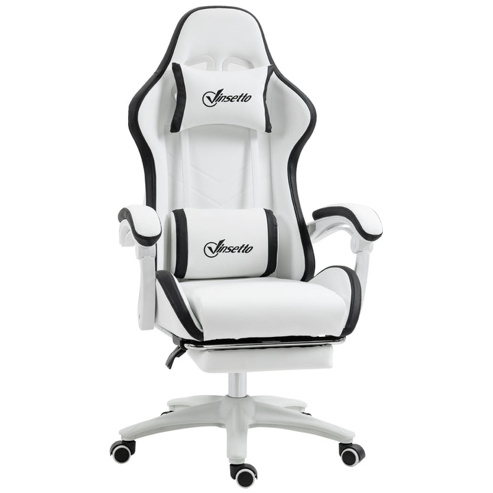 Cadeira Gaming Cadeira Gamer Racing de Couro PU com Altura Ajustável Reclinável 135° Apoio para a Cabeça e Apoio para os Pés Retrátil para Escritório Estúdio 65x65x121-129 cm Branco e Preto