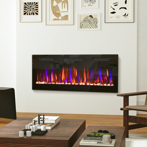 Lareira Elétrica Ultrafina de Parede e Embutir com Chama 3D Lareira Decorativa Brilho/Velocidade Ajustável 12 Cores Pedras 900/1800W Temporizador Termóstato Controlo Remoto 106,7x9,4x47 cm Preto