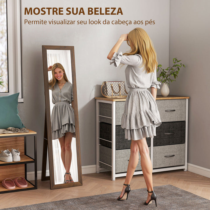 Espelho de Corpo Inteiro 37x155 cm Espelho de Pé Espelho de Parede Retangular com Estrutura de Madeira Decorativo para Sala de Estar Dormitório Corredor Nogueira