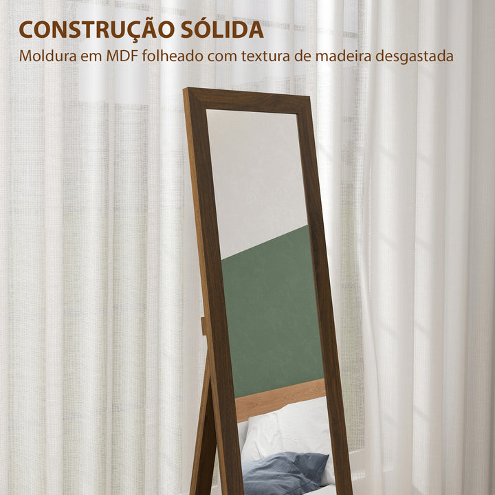 Espelho de Corpo Inteiro 37x155 cm Espelho de Pé Espelho de Parede Retangular com Estrutura de Madeira Decorativo para Sala de Estar Dormitório Corredor Nogueira