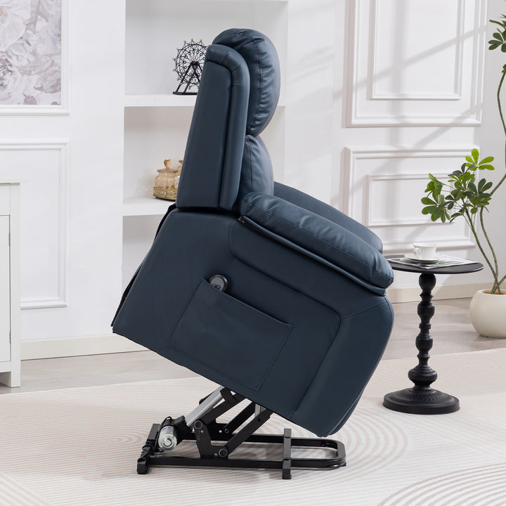 Poltrona Relax Levanta Pessoas com Controle Remoto Reclinação Elétrica de 160° Apoio para os Pés Encosto Estofado em PU e Bolsos Laterais 76x90x105 cm Azul Escuro