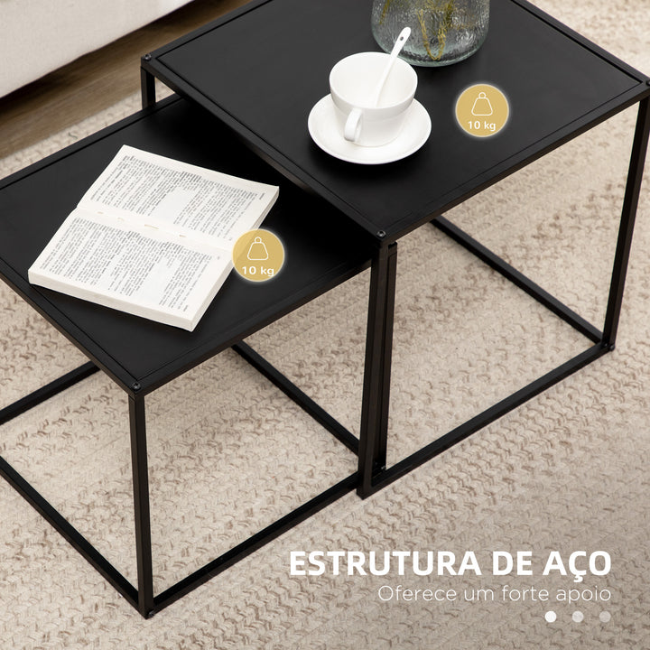 Conjunto de 2 Mesas Mesas de Centro Quadradas para Sala de Estar Estrutura de Aço para Quarto e Escritório Grande 40 cm Pequena 35 cm Preto