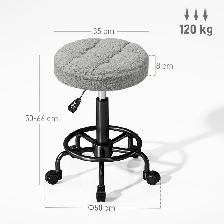 Banco Giratório Redondo Banco com Rodas Altura Regulável 50-66 cm Assento Estofado em Tecido tipo Borreguito para Salões Oficinas Spa Massagem Cinza