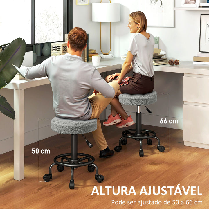Banco Giratório Redondo Banco com Rodas Altura Regulável 50-66 cm Assento Estofado em Tecido tipo Borreguito para Salões Oficinas Spa Massagem Cinza