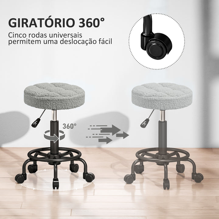 Banco Giratório Redondo Banco com Rodas Altura Regulável 50-66 cm Assento Estofado em Tecido tipo Borreguito para Salões Oficinas Spa Massagem Cinza