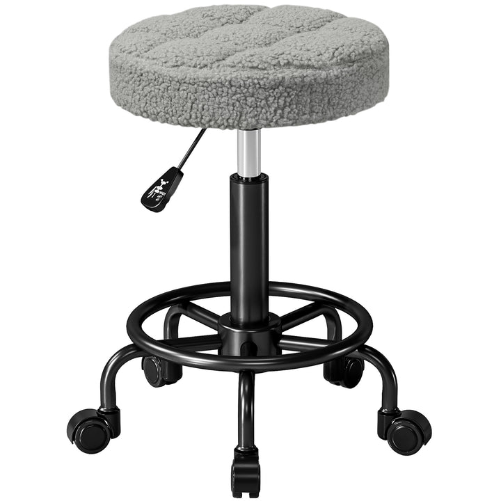 Banco Giratório Redondo Banco com Rodas Altura Regulável 50-66 cm Assento Estofado em Tecido tipo Borreguito para Salões Oficinas Spa Massagem Cinza