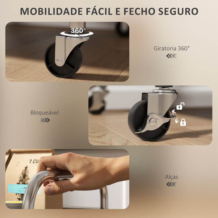 Carrinho Auxiliar com Rodas de Aço Inoxidável Carrinho de Serviço de 4 Níveis com Prateleira Ajustável 2 Rodas com Travão Carrinho para Cozinha 60x35x100 cm Prateado