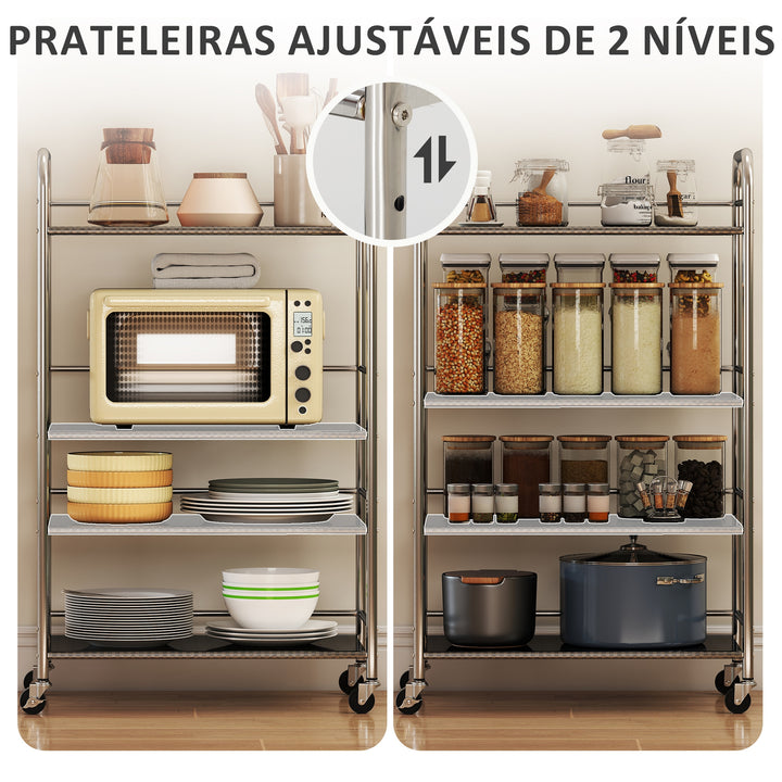 Carrinho Auxiliar com Rodas de Aço Inoxidável Carrinho de Serviço de 4 Níveis com Prateleira Ajustável 2 Rodas com Travão Carrinho para Cozinha 60x35x100 cm Prateado