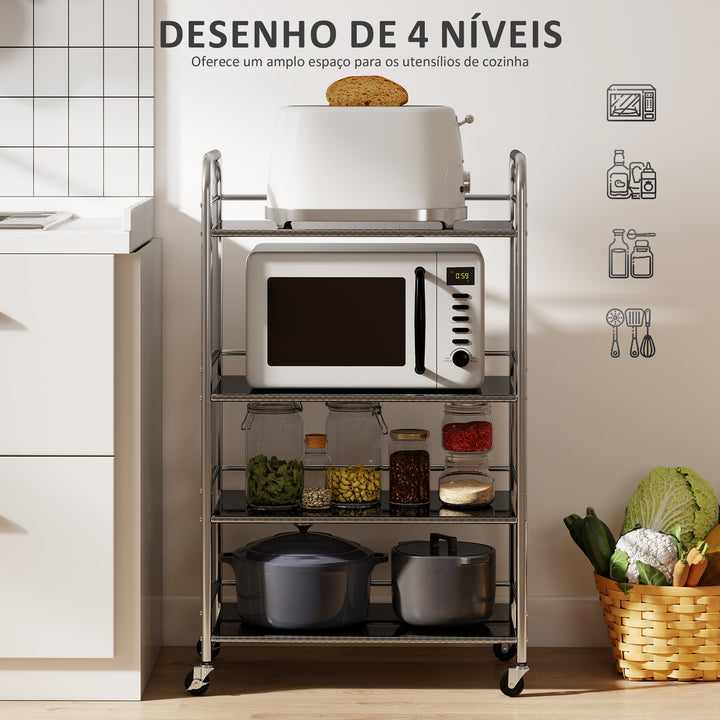 Carrinho Auxiliar com Rodas de Aço Inoxidável Carrinho de Serviço de 4 Níveis com Prateleira Ajustável 2 Rodas com Travão Carrinho para Cozinha 60x35x100 cm Prateado