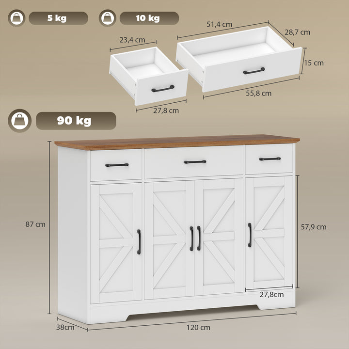 Aparador de Cozinha Rústico Armário de Cozinha com 4 Prateleiras de Porta 3 Gavetas Prateleiras Ajustáveis Porta com Fecho Suave Móvel de TV para 48-55 Polegadas 120x38x87 cm Branco e Nogueira