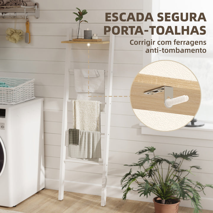 Toalheiro de Escada com Prateleira Superior e 4 Barras Suporte de Toalhas para Encostar na Parede Prateleira Inclinada para Quarto Sala de Estar 43x20x151 cm Branco e Carvalho