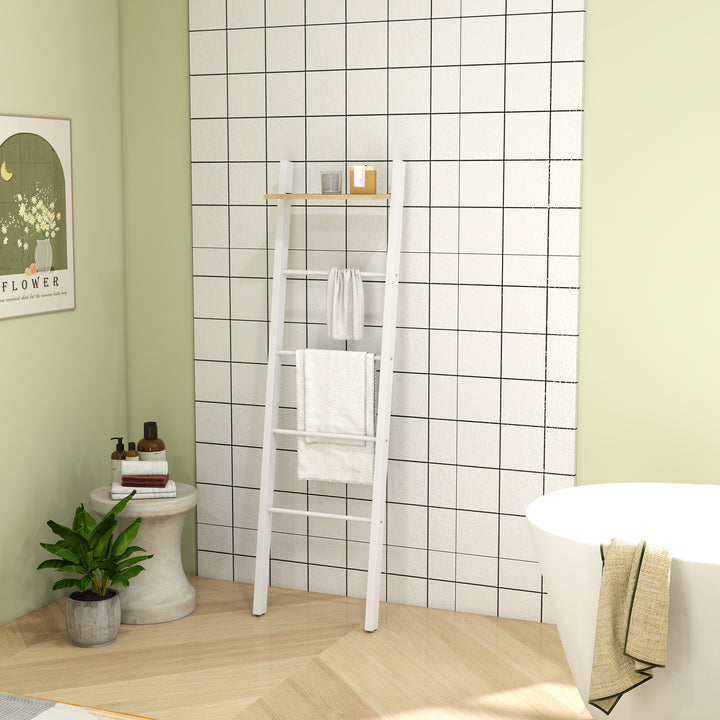 Toalheiro de Escada com Prateleira Superior e 4 Barras Suporte de Toalhas para Encostar na Parede Prateleira Inclinada para Quarto Sala de Estar 43x20x151 cm Branco e Carvalho