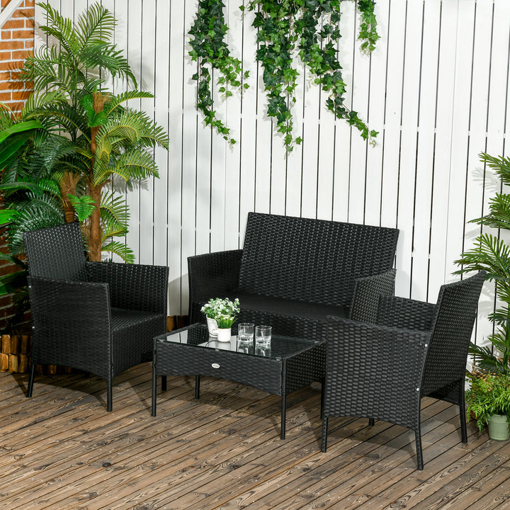 Conjunto de Jardim de Vime Sintético Conjunto de 4 Peças Móveis de Jardim com 2 Poltronas 1 Sofá de 2 Lugares 1 Mesa de Centro com Tampo de Vidro e Almofadas Preto e Branco