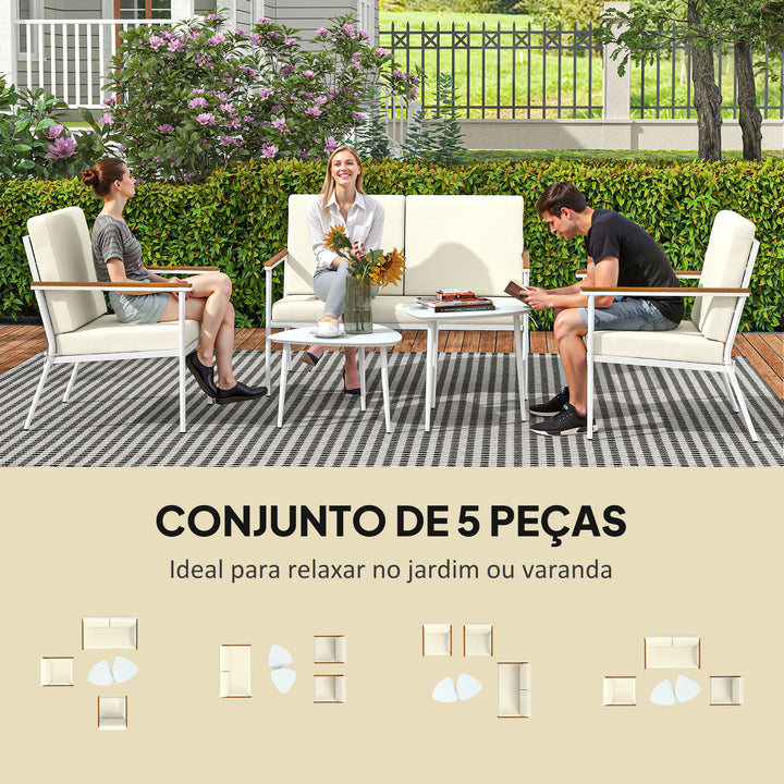 Conjunto de Jardim de 5 Peças Móveis de Exterior com 1 Sofá de 2 Lugares 2 Poltronas e 2 Mesas de Centro com Bancada de Vidro Temperado e Almofadas Laváveis Creme