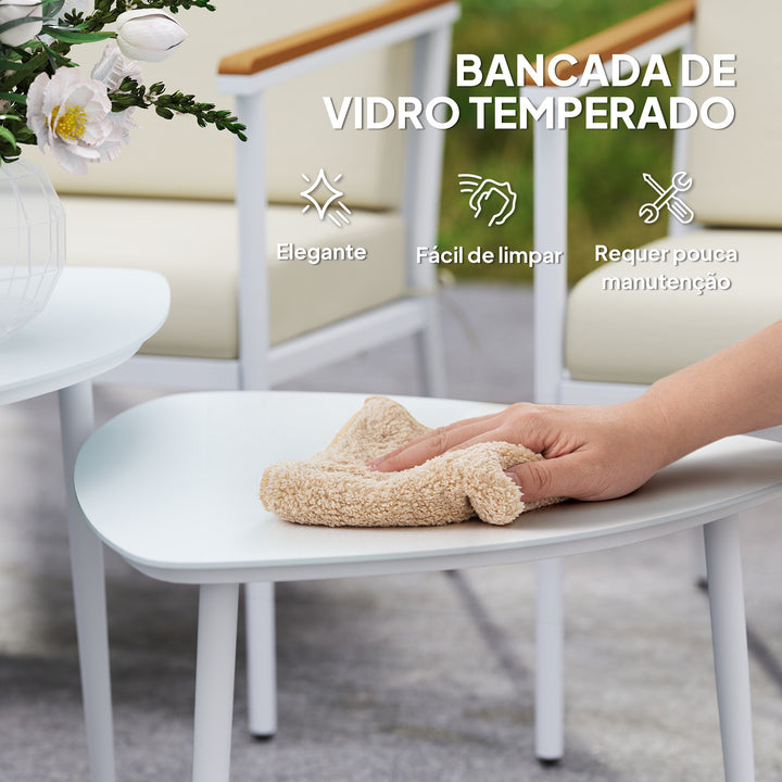 Conjunto de Jardim de 5 Peças Móveis de Exterior com 1 Sofá de 2 Lugares 2 Poltronas e 2 Mesas de Centro com Bancada de Vidro Temperado e Almofadas Laváveis Creme