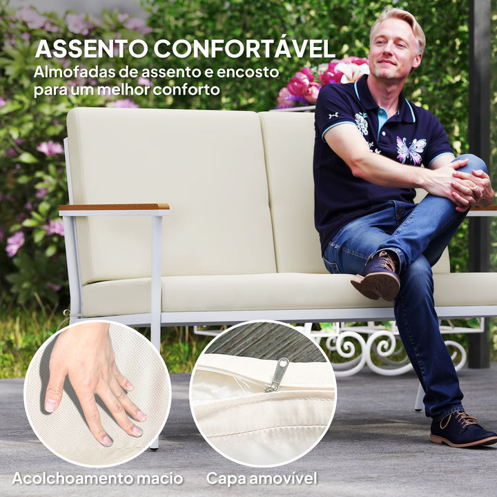 Conjunto de Jardim de 5 Peças Móveis de Exterior com 1 Sofá de 2 Lugares 2 Poltronas e 2 Mesas de Centro com Bancada de Vidro Temperado e Almofadas Laváveis Creme