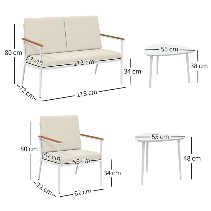 Conjunto de Jardim de 5 Peças Móveis de Exterior com 1 Sofá de 2 Lugares 2 Poltronas e 2 Mesas de Centro com Bancada de Vidro Temperado e Almofadas Laváveis Creme