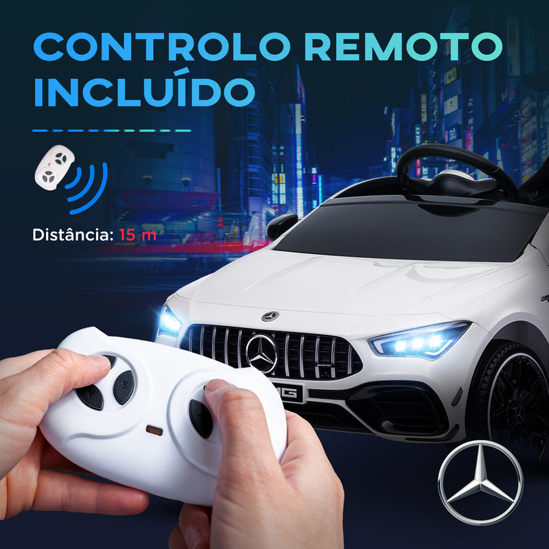 Carro Elétrico para Crianças acima de 3 Anos Carro Mercedes AMG CLA 45 Carro Elétrico Infantil com Bateria 12V Controlo Remoto Faróis LED Buzina Música e Rodas Auxiliares 110x61x45 cm Branco