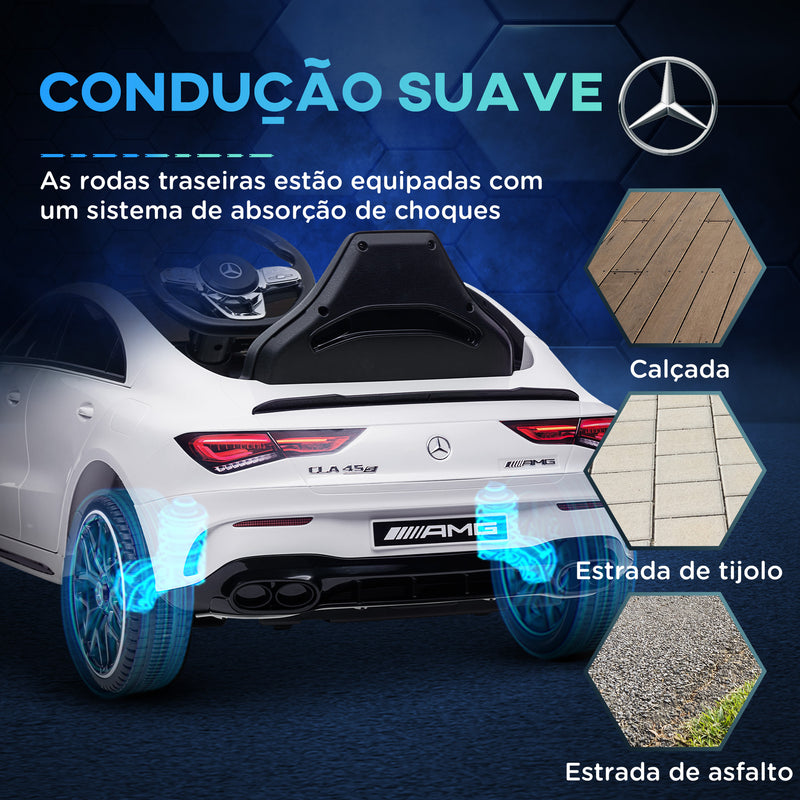 Carro Elétrico para Crianças acima de 3 Anos Carro Mercedes AMG CLA 45 Carro Elétrico Infantil com Bateria 12V Controlo Remoto Faróis LED Buzina Música e Rodas Auxiliares 110x61x45 cm Branco