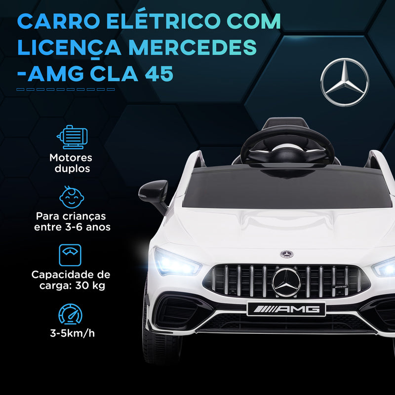 Carro Elétrico para Crianças acima de 3 Anos Carro Mercedes AMG CLA 45 Carro Elétrico Infantil com Bateria 12V Controlo Remoto Faróis LED Buzina Música e Rodas Auxiliares 110x61x45 cm Branco