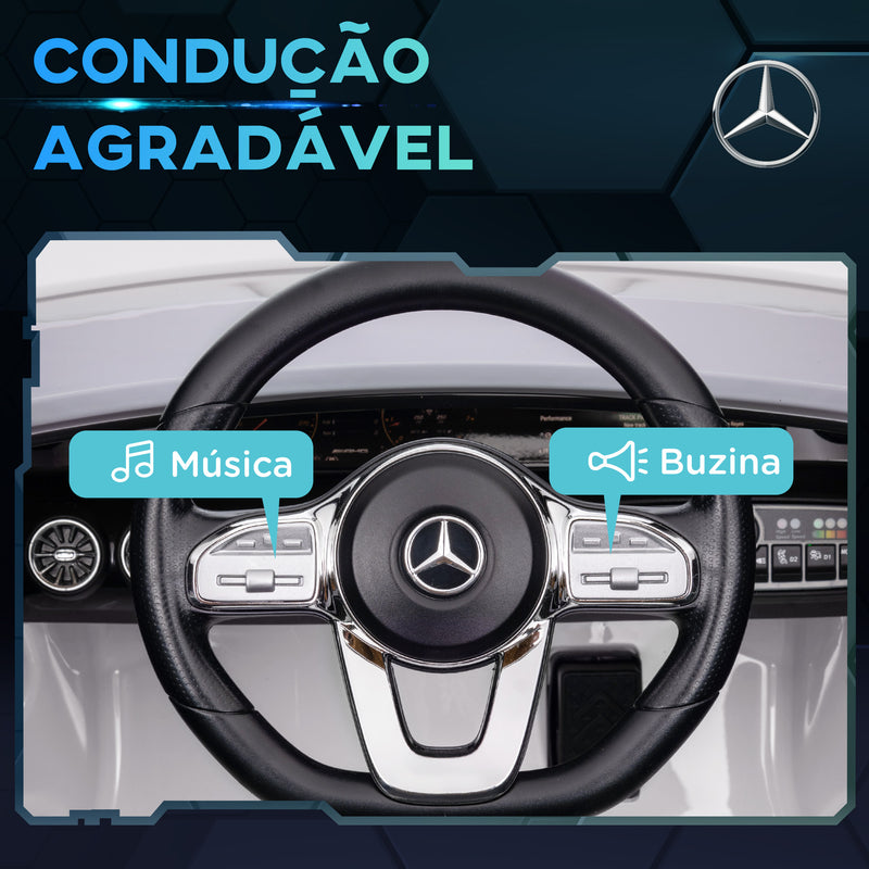 Carro Elétrico para Crianças acima de 3 Anos Carro Mercedes AMG CLA 45 Carro Elétrico Infantil com Bateria 12V Controlo Remoto Faróis LED Buzina Música e Rodas Auxiliares 110x61x45 cm Branco