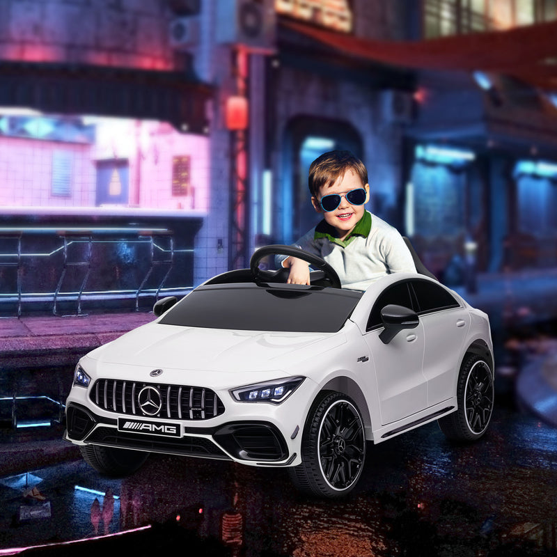 Carro Elétrico para Crianças acima de 3 Anos Carro Mercedes AMG CLA 45 Carro Elétrico Infantil com Bateria 12V Controlo Remoto Faróis LED Buzina Música e Rodas Auxiliares 110x61x45 cm Branco