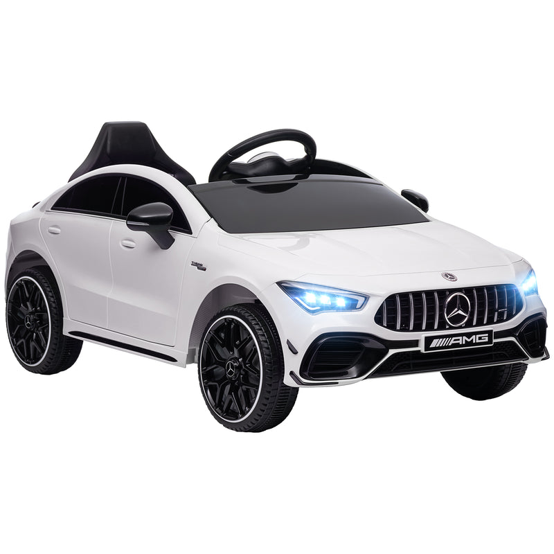 Carro Elétrico para Crianças acima de 3 Anos Carro Mercedes AMG CLA 45 Carro Elétrico Infantil com Bateria 12V Controlo Remoto Faróis LED Buzina Música e Rodas Auxiliares 110x61x45 cm Branco