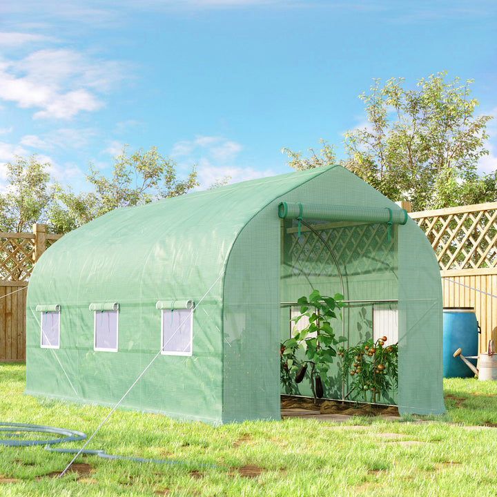 Estufa de Jardim 400x200x200cm Tipo Túnel com 6 Janelas Transpiráveis e Portas Enrolável com Zíper para Cultivo de Plantas e Verduras Verde