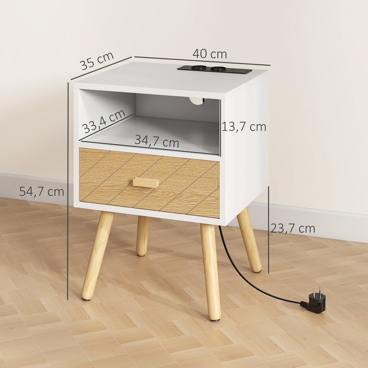 Mesa de Cabeceira com Estação de Carregamento Gaveta 2 Tomadas AC Porta USB e Tipo-C Compartimento Aberto Pernas de Madeira para Sala Quarto 40x35x54,7 cm Branco