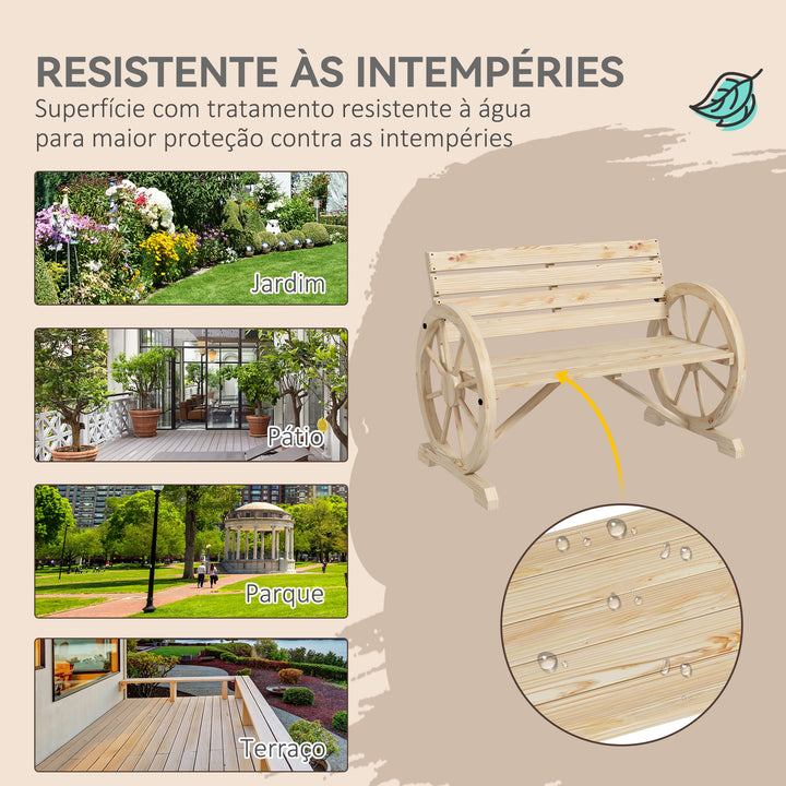 Banco de Jardim de Madeira Banco Exterior com Apoios em Forma de Roda Estilo Rústico Suporta até 240 kg 2 Lugares para Pátio ou Terraço 105,5x56x79 cm Madeira