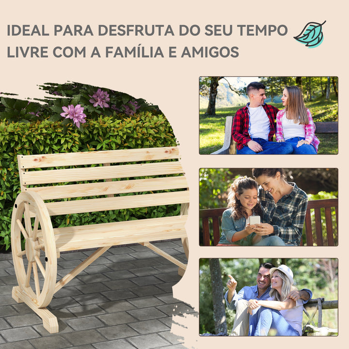 Banco de Jardim de Madeira Banco Exterior com Apoios em Forma de Roda Estilo Rústico Suporta até 240 kg 2 Lugares para Pátio ou Terraço 105,5x56x79 cm Madeira