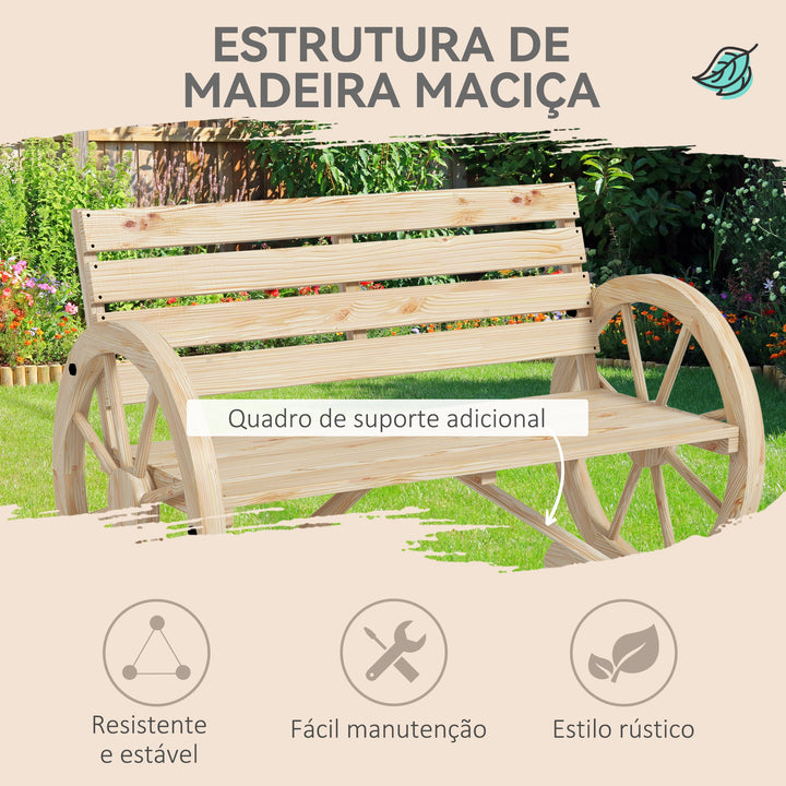 Banco de Jardim de Madeira Banco Exterior com Apoios em Forma de Roda Estilo Rústico Suporta até 240 kg 2 Lugares para Pátio ou Terraço 105,5x56x79 cm Madeira