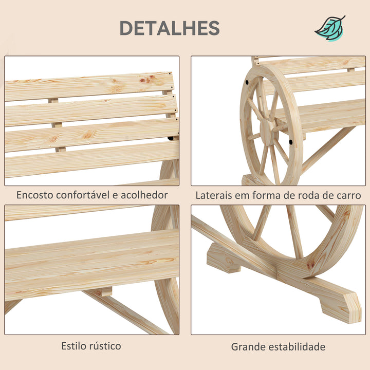 Banco de Jardim de Madeira Banco Exterior com Apoios em Forma de Roda Estilo Rústico Suporta até 240 kg 2 Lugares para Pátio ou Terraço 105,5x56x79 cm Madeira