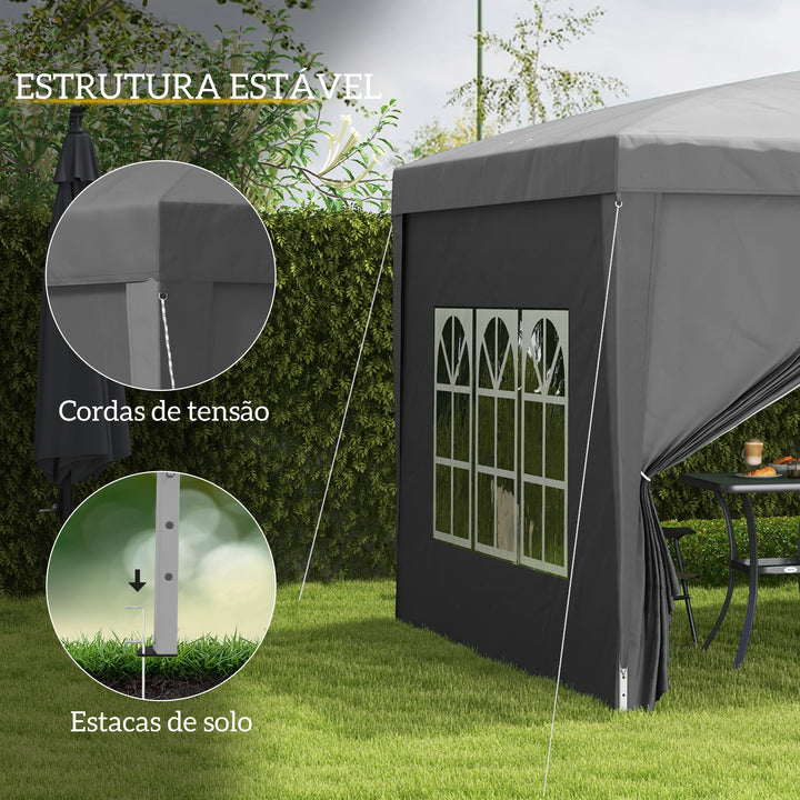 Tenda de Jardim com Paredes Laterais Amovíveis Janelas Porta com Fecho de Correr e Bolsa de Transporte 295x295x196-258 cm Cinzento