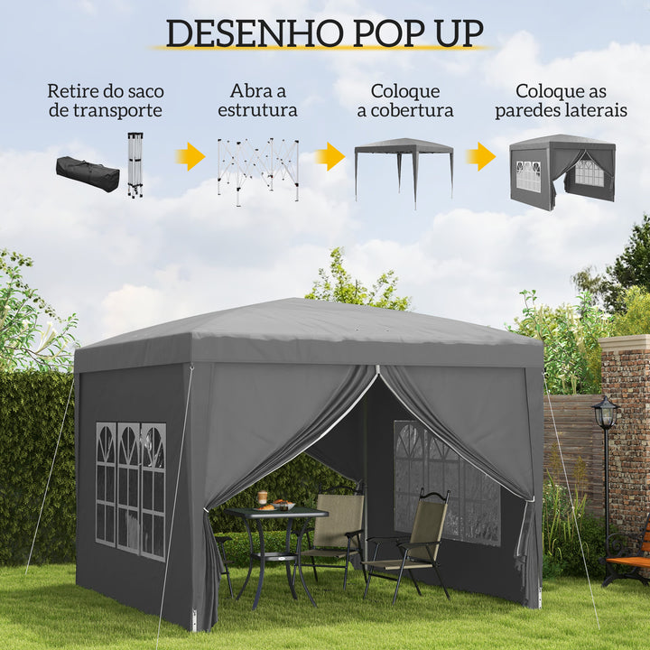 Tenda de Jardim com Paredes Laterais Amovíveis Janelas Porta com Fecho de Correr e Bolsa de Transporte 295x295x196-258 cm Cinzento
