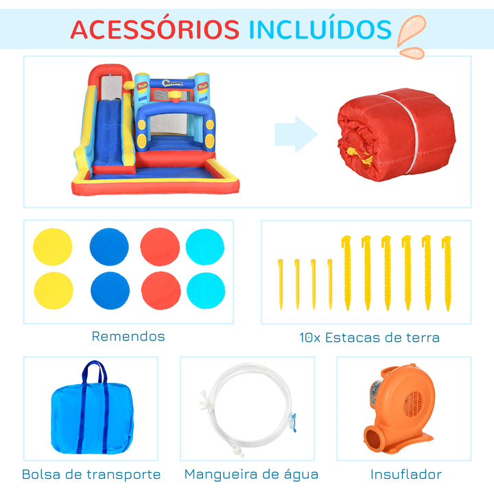 Castelo Insuflável com Inflador Castelo Insuflável para Crianças de 3-8 Anos com Escorrega Trampolim Piscina Bolsa de Transporte para Interior Exterior 435x245x200cm Multicolorido