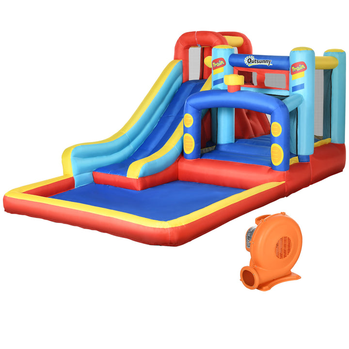 Castelo Insuflável com Inflador Castelo Insuflável para Crianças de 3-8 Anos com Escorrega Trampolim Piscina Bolsa de Transporte para Interior Exterior 435x245x200cm Multicolorido