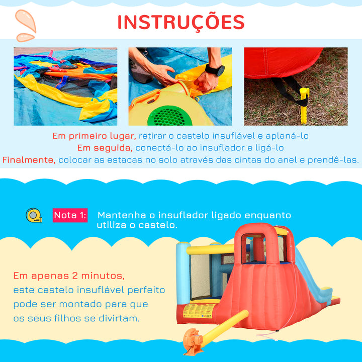 Castelo Insuflável com Inflador Castelo Insuflável para Crianças de 3-8 Anos com Escorrega Trampolim Piscina Bolsa de Transporte para Interior Exterior 435x245x200cm Multicolorido