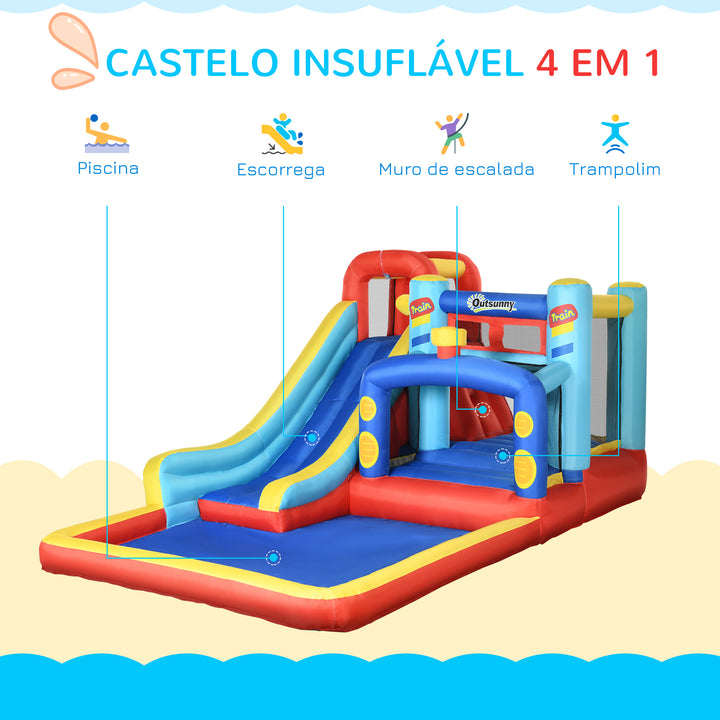 Castelo Insuflável com Inflador Castelo Insuflável para Crianças de 3-8 Anos com Escorrega Trampolim Piscina Bolsa de Transporte para Interior Exterior 435x245x200cm Multicolorido