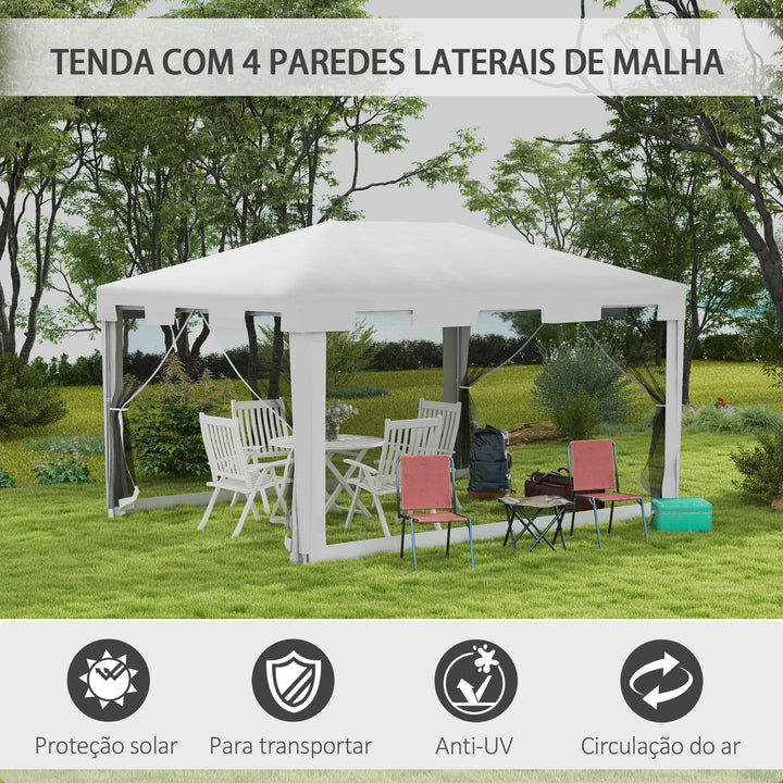 Tenda de Jardim 4x3 m Tenda Desmontável de Exterior com 4 Mosqueteiras Laterais 2 Portas com Fecho de Correr e 8 Orifícios de Drenagem para Pátio Praia Branco