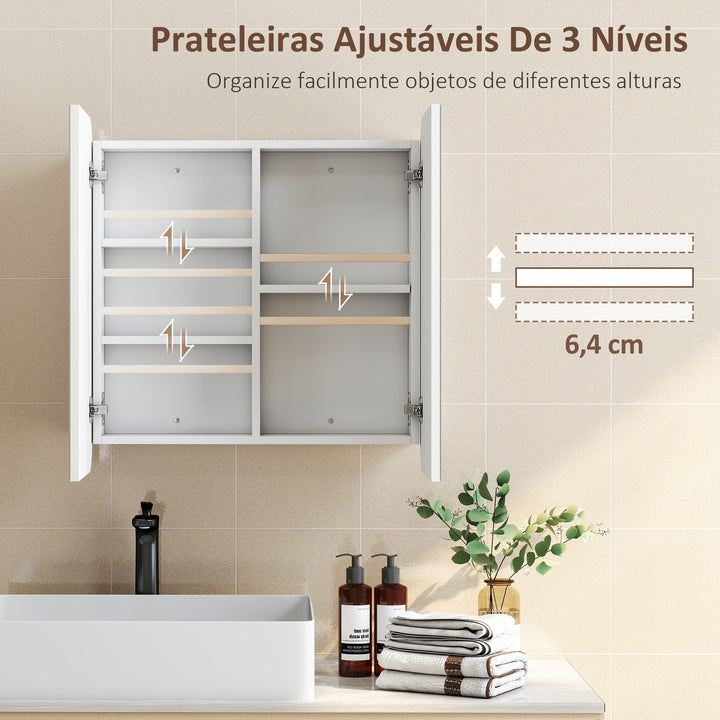 Armário de Casa de Banho com Espelho Design com Bordas Curvas Armário de Parede Móvel de Casa de Banho para Pendurar 2 Portas Prateleiras Ajustáveis 68x13x66 cm Branco