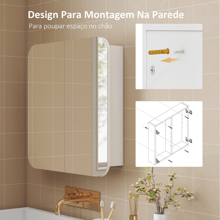Armário de Casa de Banho com Espelho Design com Bordas Curvas Armário de Parede Móvel de Casa de Banho para Pendurar 2 Portas Prateleiras Ajustáveis 68x13x66 cm Branco