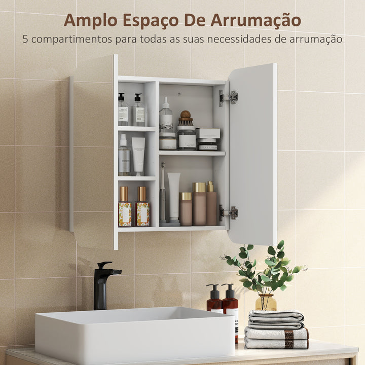 Armário de Casa de Banho com Espelho Design com Bordas Curvas Armário de Parede Móvel de Casa de Banho para Pendurar 2 Portas Prateleiras Ajustáveis 68x13x66 cm Branco