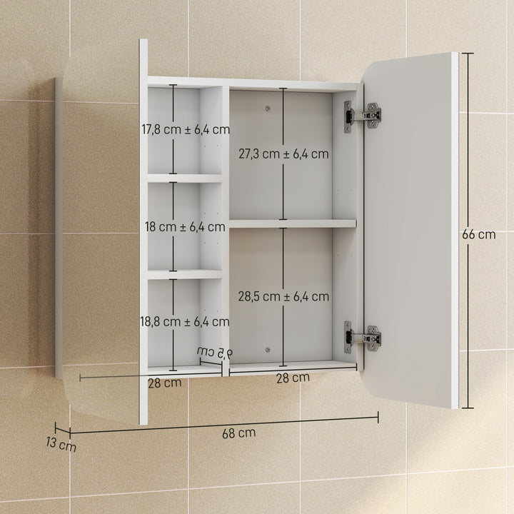 Armário de Casa de Banho com Espelho Design com Bordas Curvas Armário de Parede Móvel de Casa de Banho para Pendurar 2 Portas Prateleiras Ajustáveis 68x13x66 cm Branco
