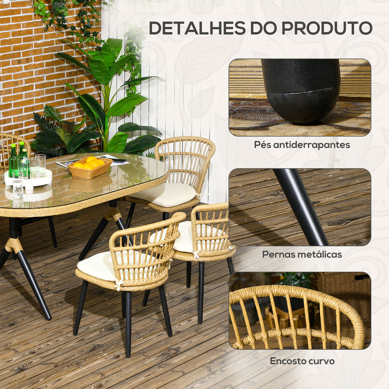 Conjunto de Refeição de Vime Sintético Conjunto de Móveis de Exterior de Vime de 7 Peças Inclui 6 Cadeiras com Almofadas e Mesa de Vidro Temperado Natural