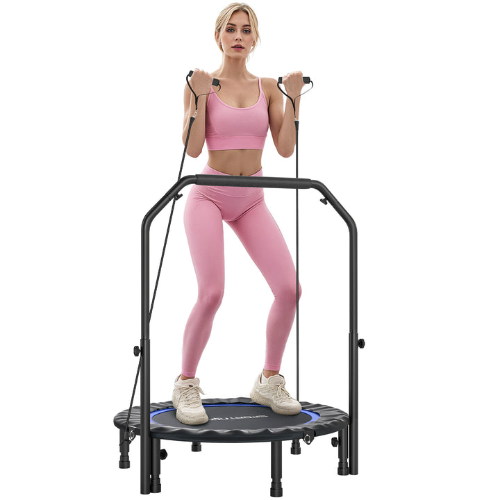 Trampolim de Fitness Ø102 cm Trampolim Dobrável com Guiador Ajustável de 4 Níveis e Bandas para Treino de Pernas e Corpo em Casa Escritório Ginásio e Exterior Carga 150 kg Azul