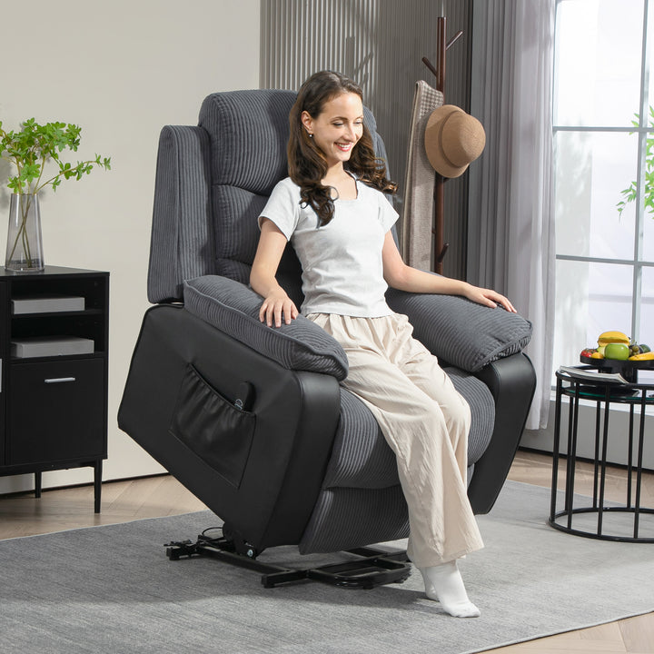 Poltrona Relax Reclinável Elétrica Levanta Pessoas, com Porta USB, Controlo Remoto, Apoio para os Pés, Estofada em Veludo, Bolsos Laterais, Cinzento Escuro