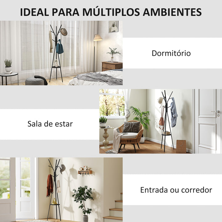 Cabide de pé Metálico para pendurar sacos roupa 9 ganchos com prateleira Forma de árvore Cabide Vintage 45x45x180cm