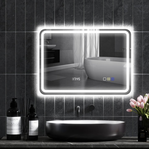Espelho de Casa de Banho com Luz LED 70x50 cm Espelho de Parede com Bluetooth 3 Cores de Luz Relógio Digital Função Antiembaciamento Função de Memória Interruptor Tátil IP44 Prata